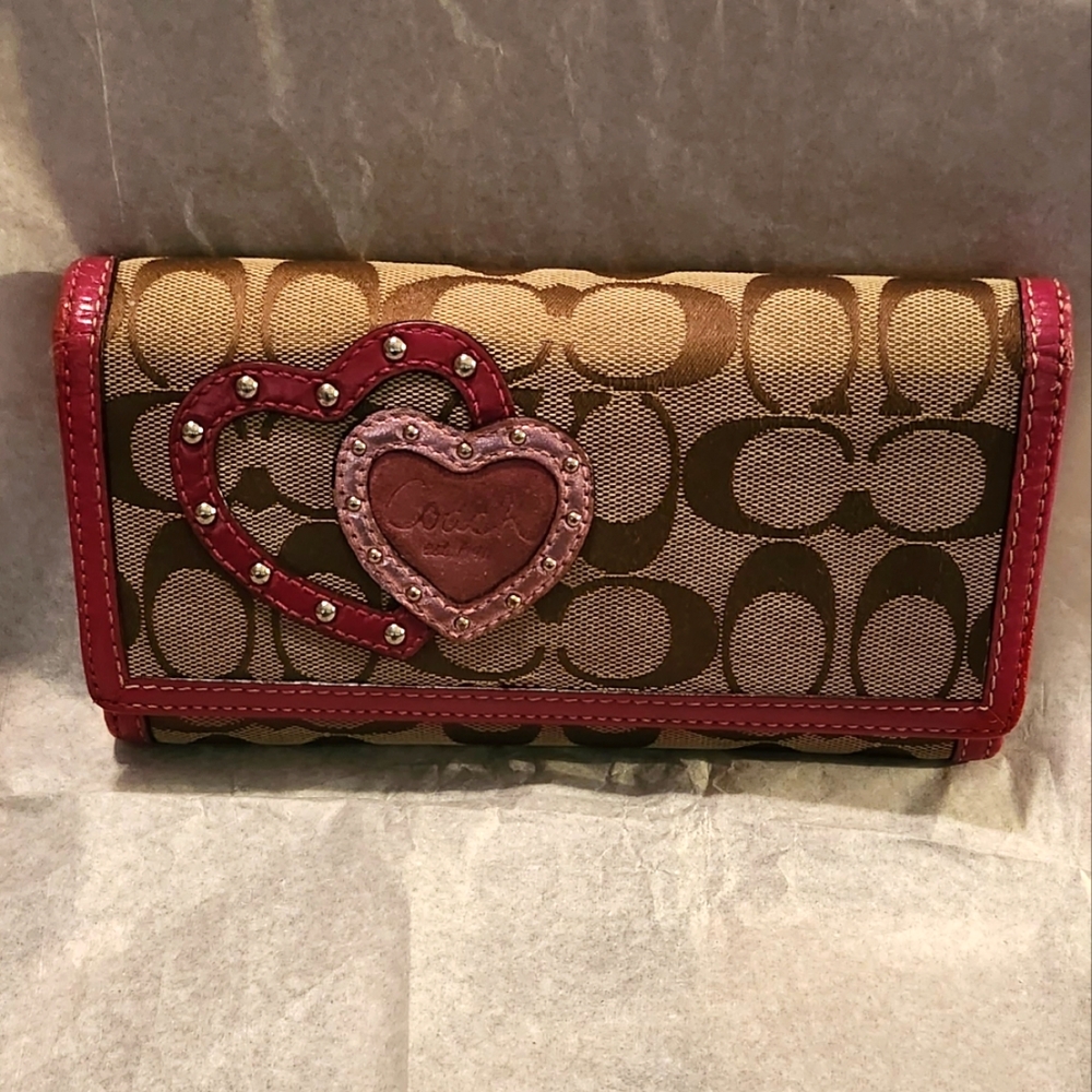 Coach Long Flap Signature Jacquard & Red Leather Trim Wallet w/ Hearts 7.7"X4.7"